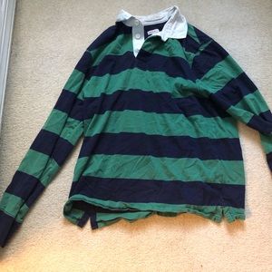 Shamrock and navy striped rugby shirt.